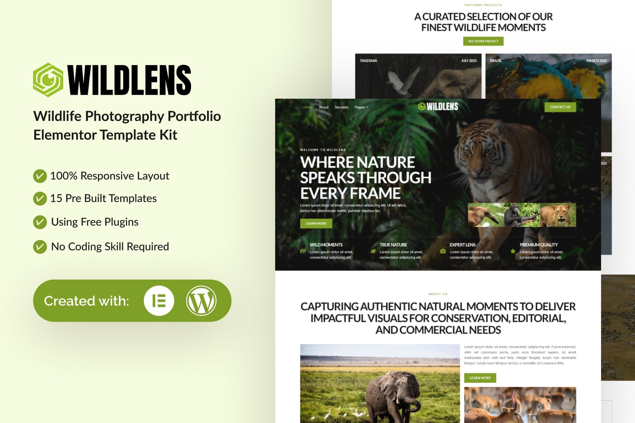 Wildlens - Wildlife Photography Portfolio Elementor Template