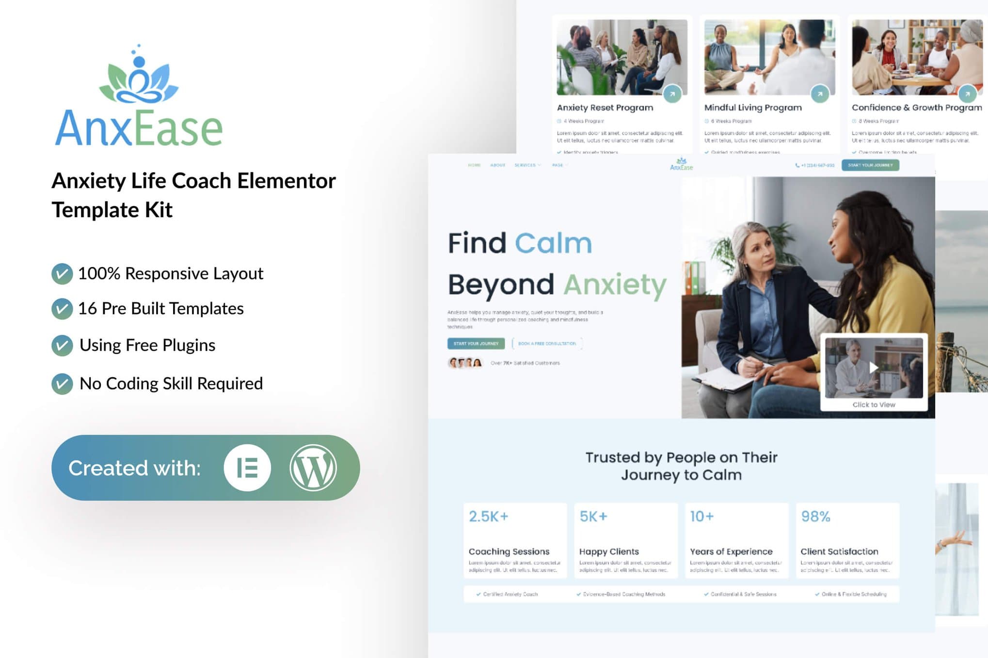AnxEase - Anxiety Life Coach Elementor Template