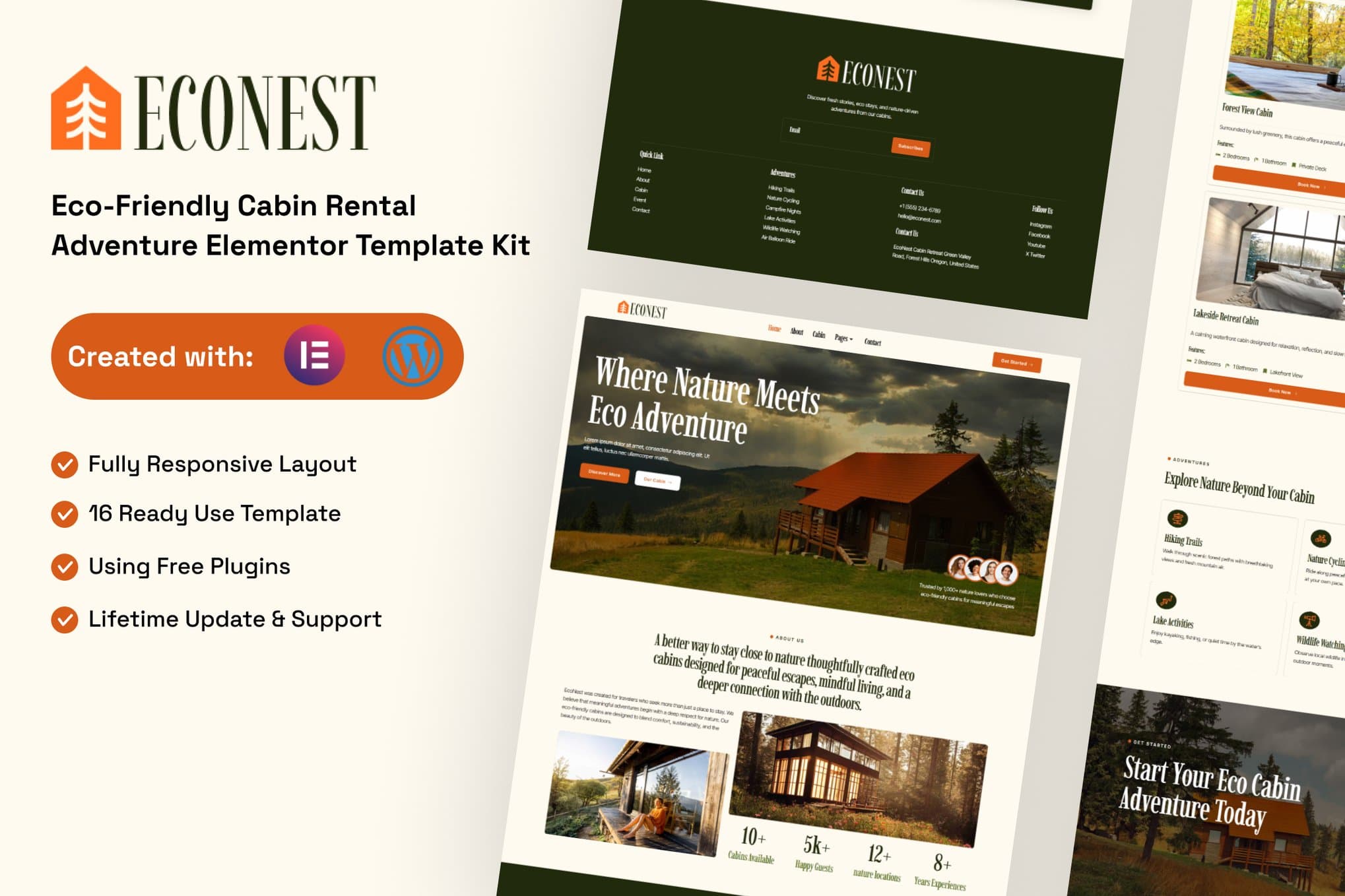 Econest - Eco-Friendly Cabin Rental Adventure Elementor Template