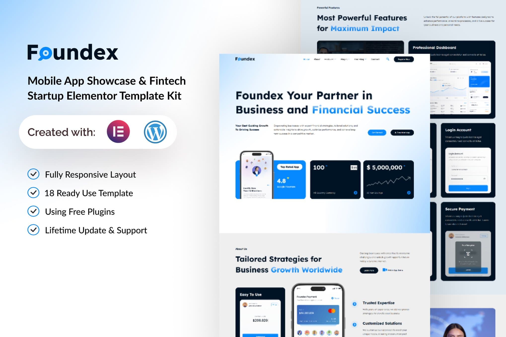 Foundex - Mobile App Showcase & Fintech Startup Elementor Template