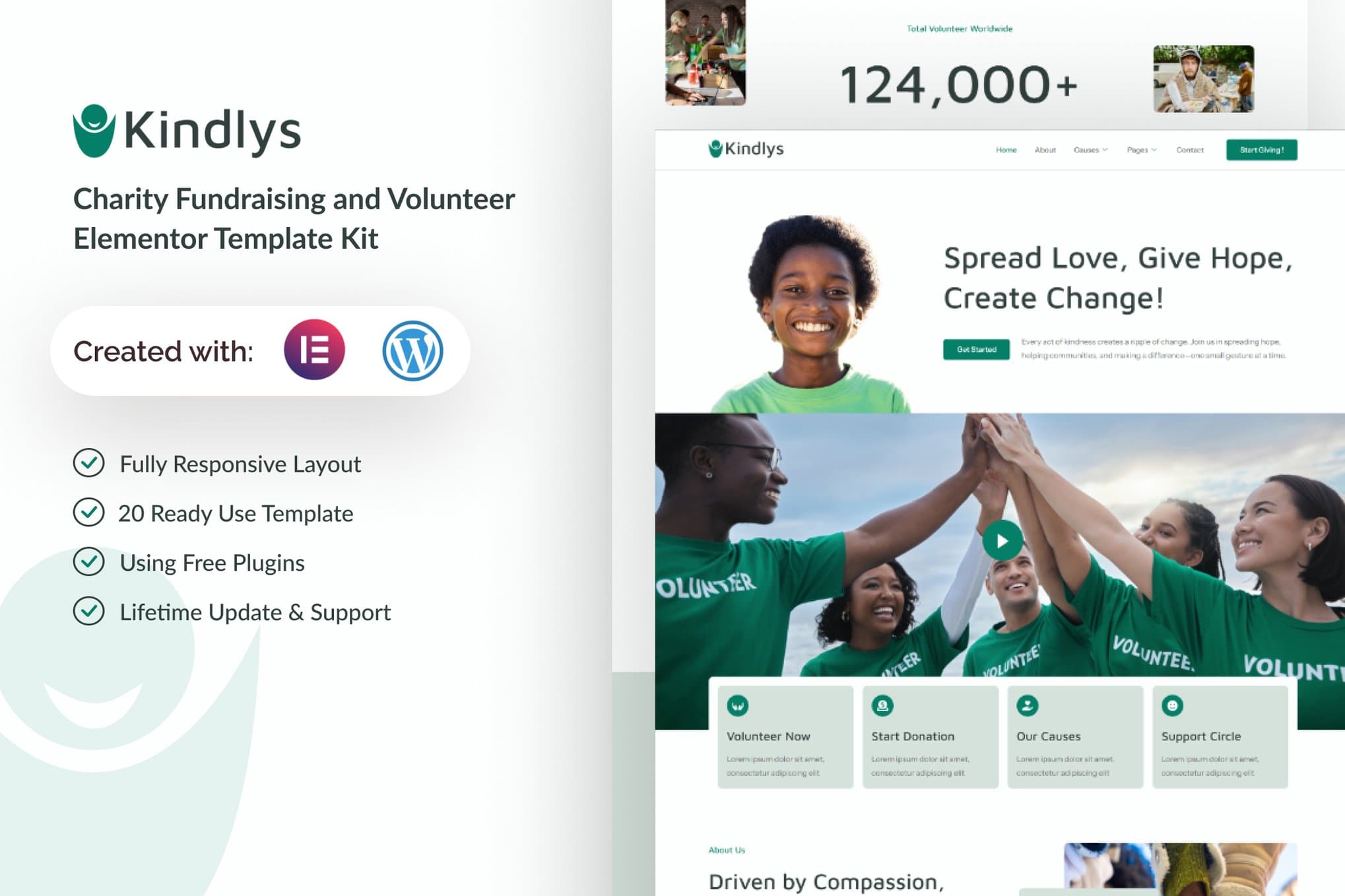 Kindlys - Charity Fundraising & Volunteer Elementor Template