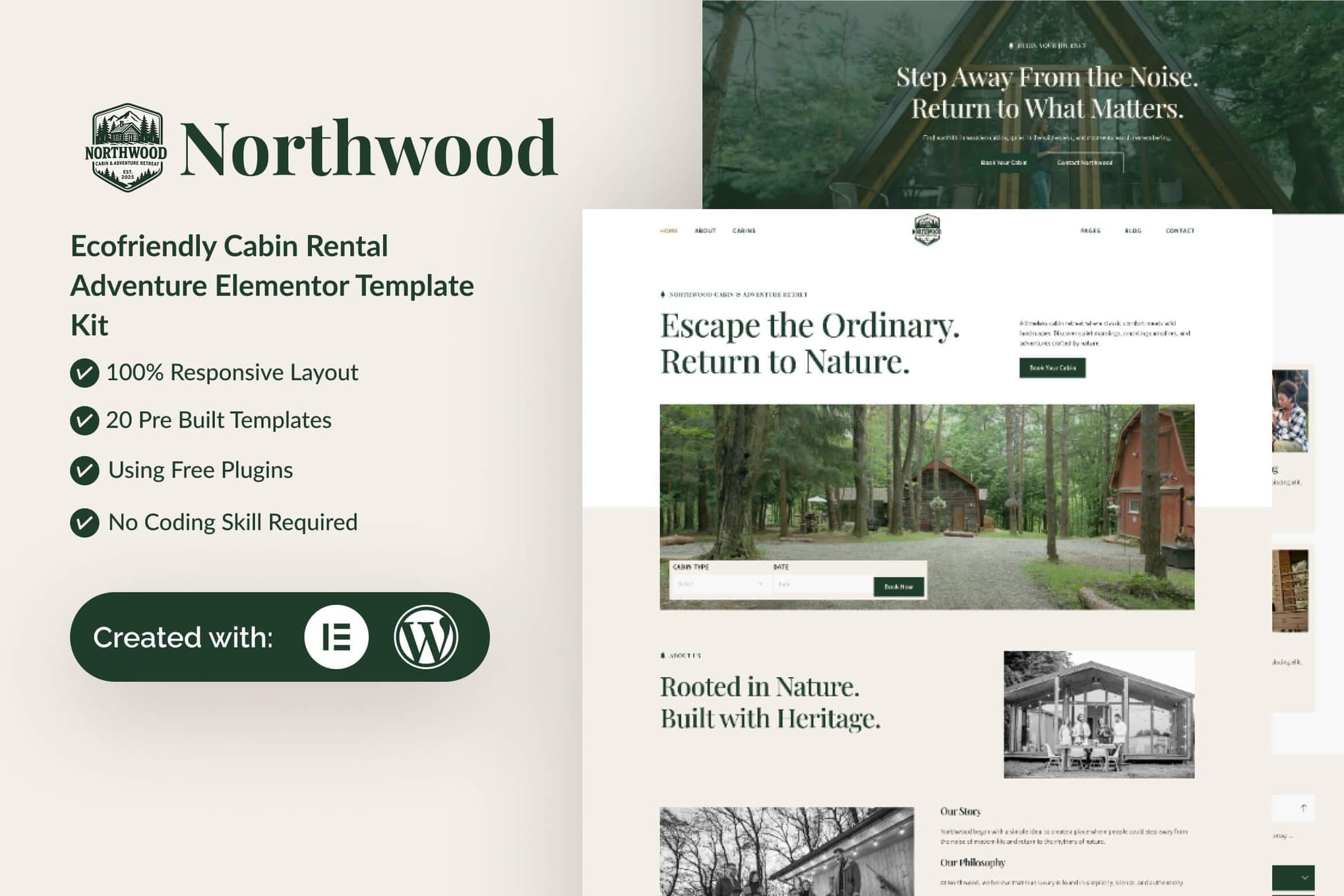Northwood - Eco-Friendly Cabin Rental Adventure Elementor Template