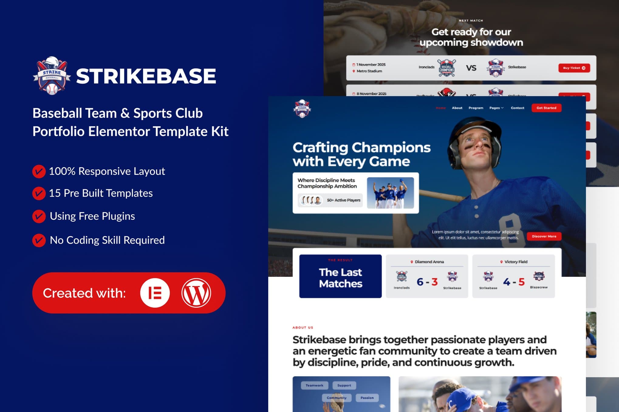 StrikeBase - Baseball Team & Sport Club Elemtor Elementor Template