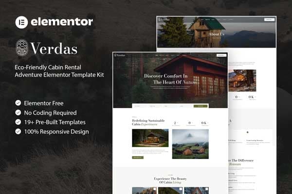 Verdas - Eco-Friendly Cabin Rental Adventure Elementor Template