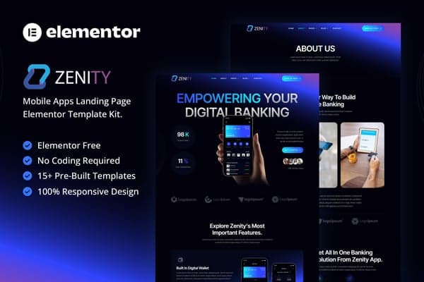 Zenity – Mobile App Landing Page Elementor Template